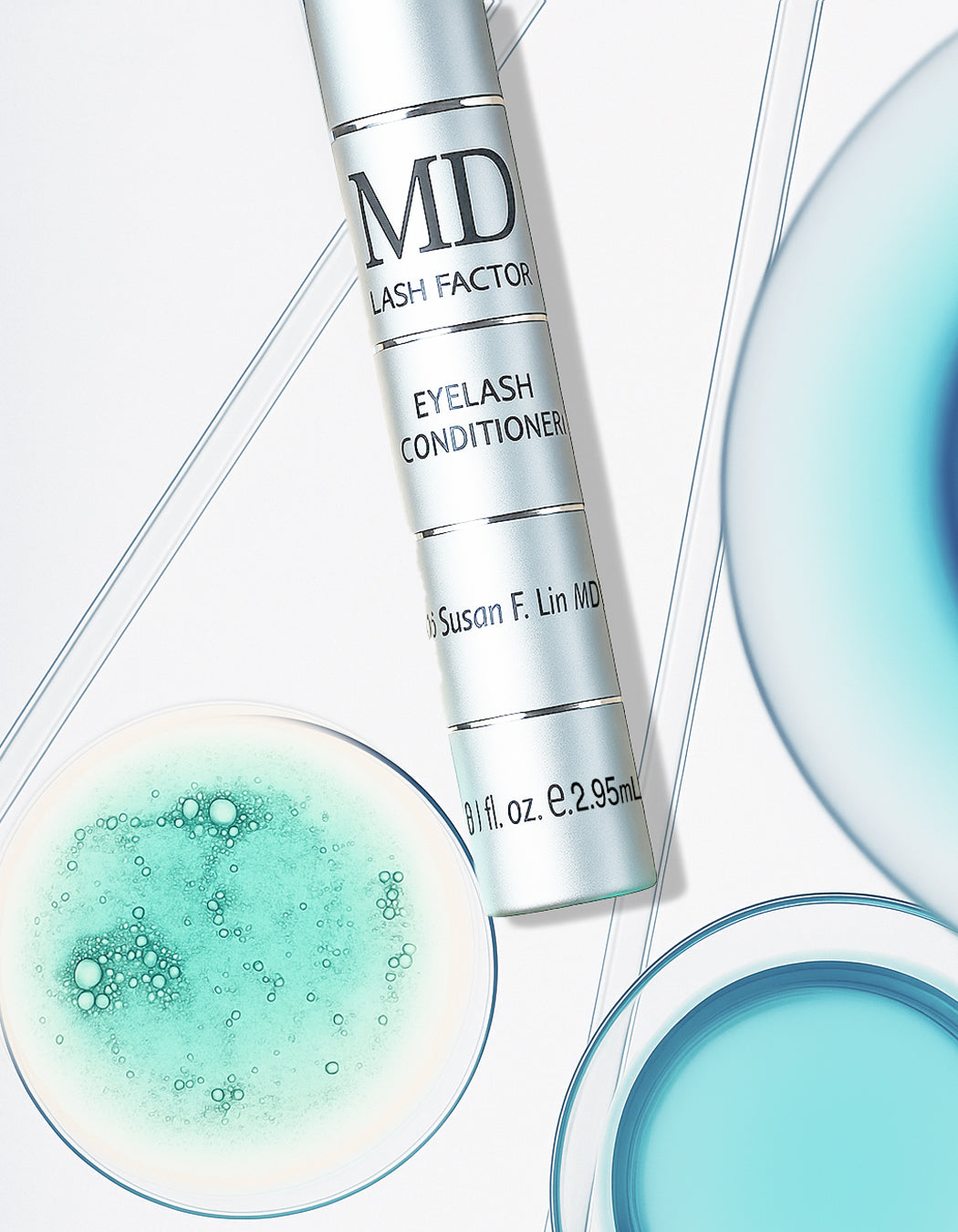 Scientific breakdown of MD Lash Factor® ingredients, including its patented active dechloro ethylcloprostenolamide, a cosmetic-grade prostaglandin analogue, plus conditioning agents.