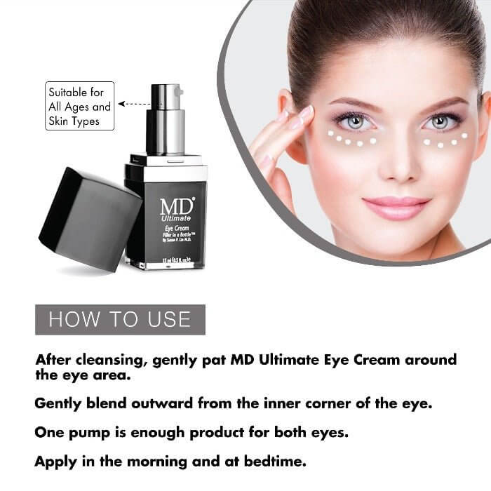 How to use MD Ultimate Eye Cream: apply a small amount under the eyes and gently pat with fingertips to lift, firm, and hydrate