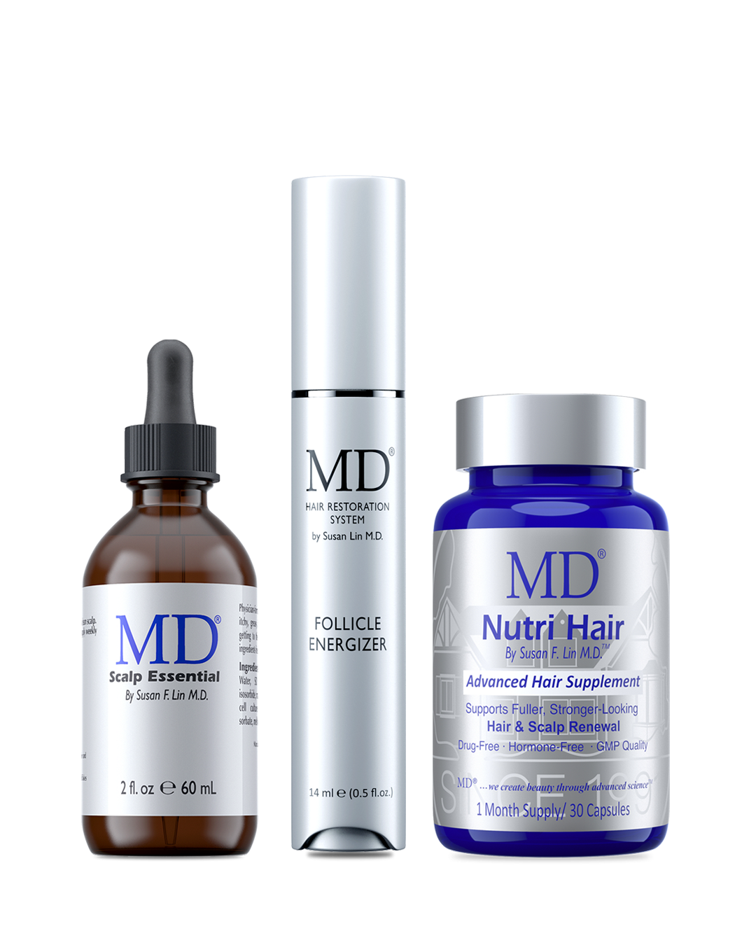 MD Hair™ Restoration Kit — the complete physician-formulated multi-pathway system supporting stem-cell-cytokine signaling at the follicle: Follicle Energizer, Revitalizing Treatment Shampoo, Conditioner, and Nutri Hair, by Dr. Susan Lin, M.D.