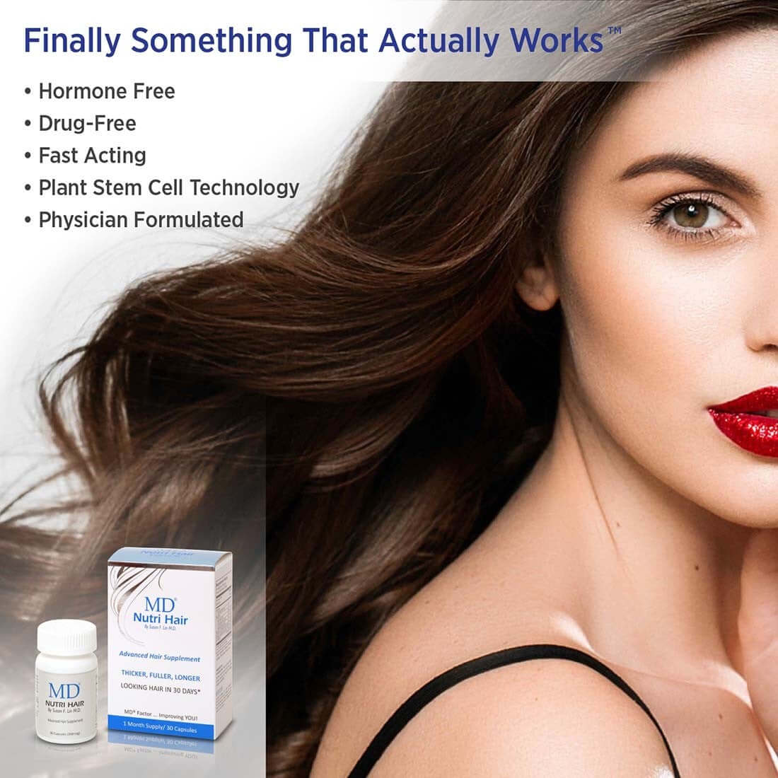 Healthy thick hair achieved with MD Nutri Hair multi-pathway support — the protective protocol against GLP-1 weight-loss telogen effluvium