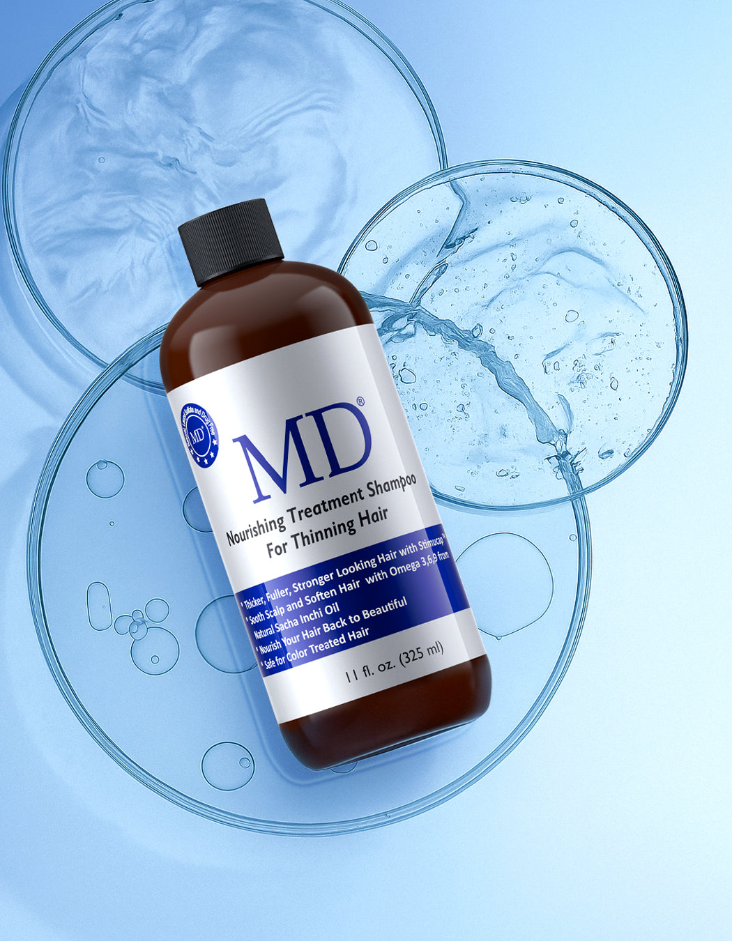 "MD Revitalizing Treatment Shampoo promotes fuller, softer hair while soothing scalp, balancing oil, and preventing hair loss—infused with essential oils for a rejuvenating cleanse."