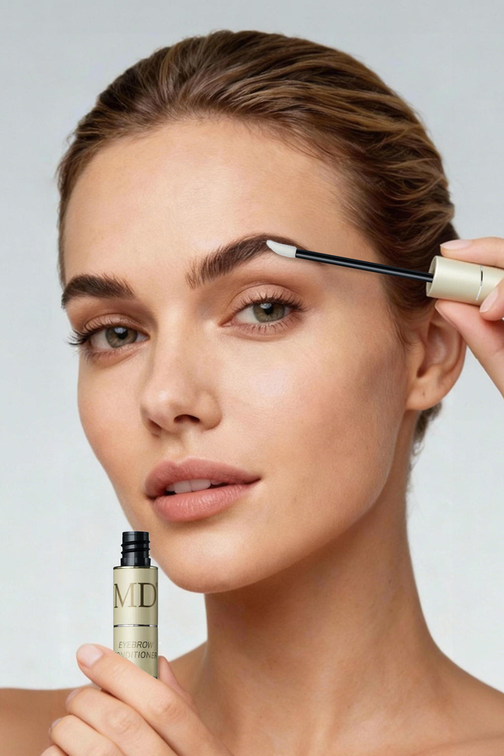 Close-up of thicker, more defined eyebrows following an 8-week clinical study of MD® Eyebrow Conditioner where 78% of users saw visible results.