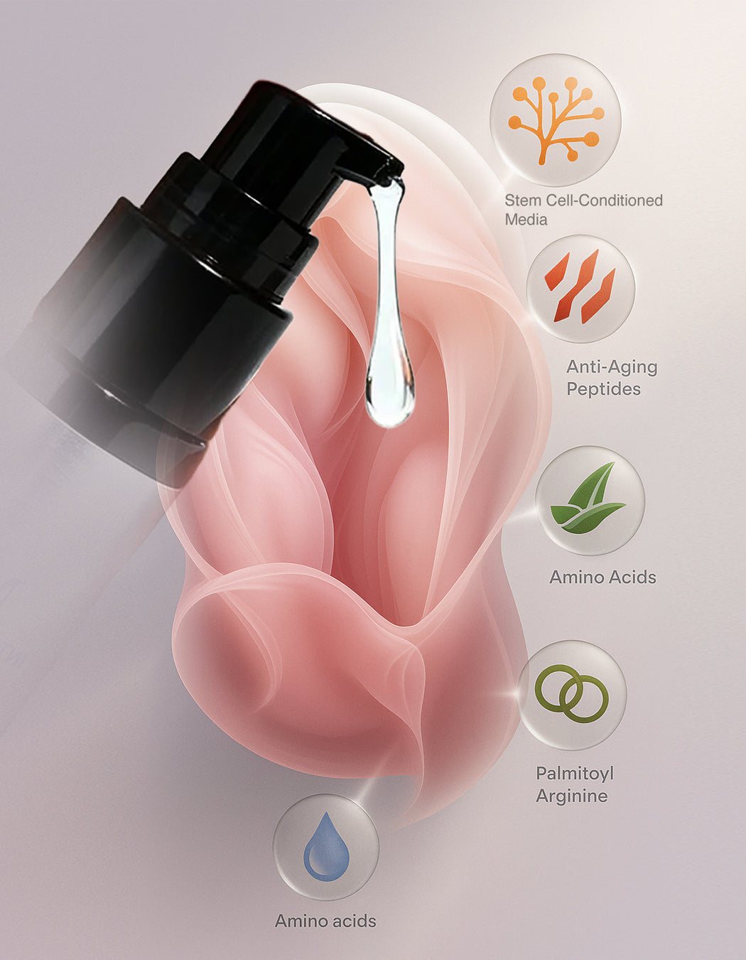 MD Intimate Restore product bottle surrounded by key ingredients including bioactive peptides, aloe vera, and stem cell-conditioned media for regenerative intimate skincare.