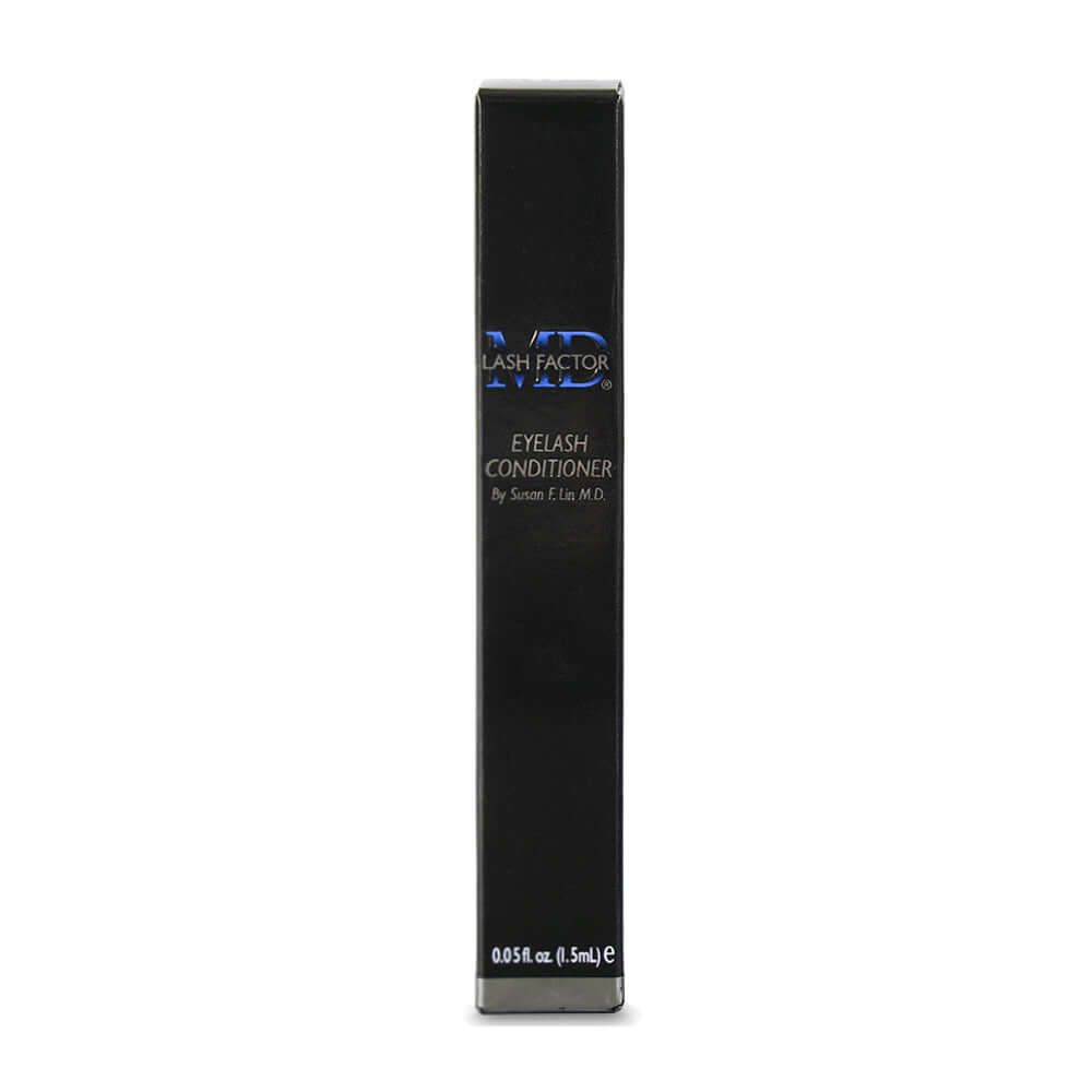 Front panel of MD Lash Factor Eyelash Conditioner classic black box – premium lash growth conditioner packaging by MD Lash