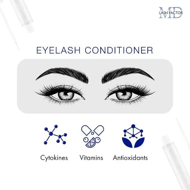 Key ingredients in MD Lash Factor Eyelash Conditioner include cytokines, vitamins, and antioxidants – supports lash growth, strength, and protection by MD Lash