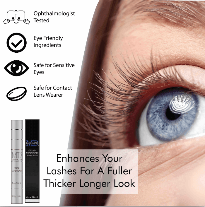 Beautiful eye with text 'Enhance your lashes for a fuller, thicker, longer look' – MD Lash Factor lash serum with safety benefits by MD Lash: ophthalmologist tested, contact lens safe, eye-friendly ingredients